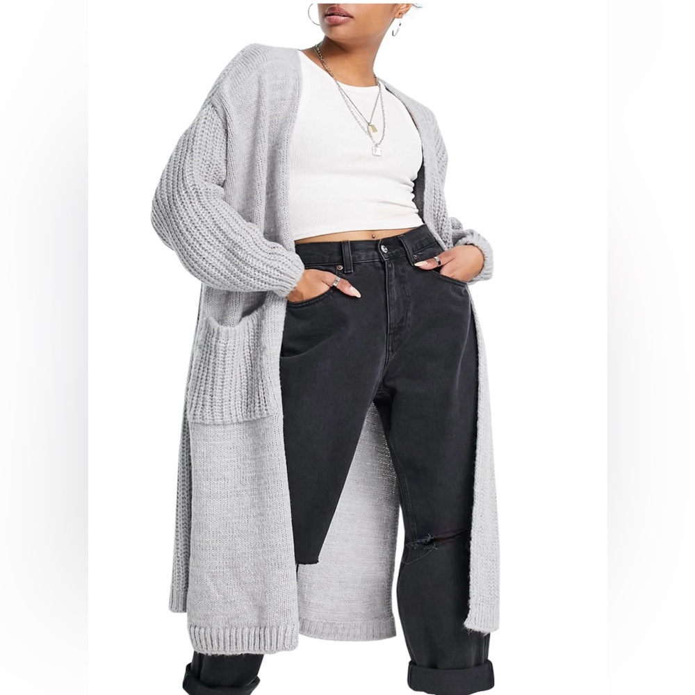 Topshop Mixed Stitch Longline Cardigan Gray Medium